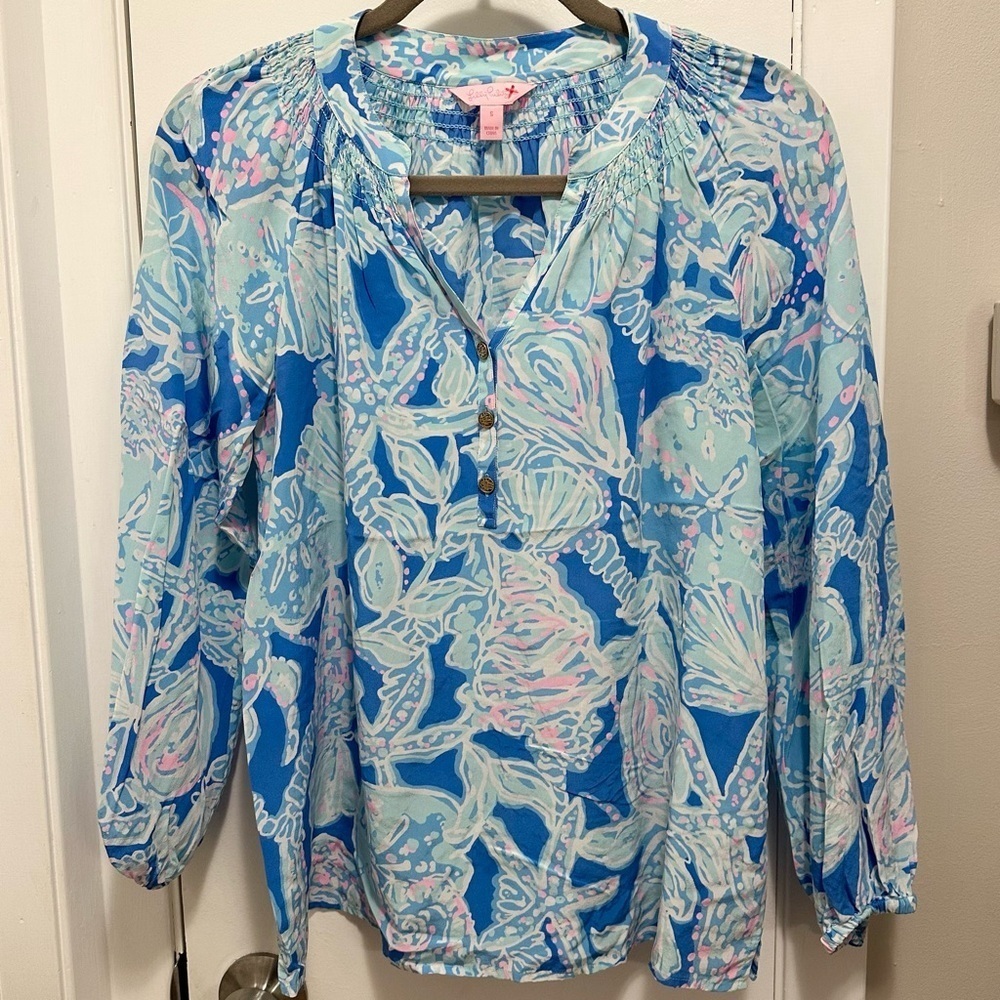 Lilly Pulitzer 100% Silk Elsa Top S Tropical Botanical Print Blue Aqua Blouse
